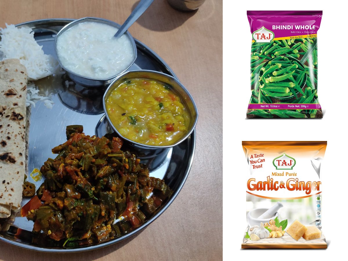 A steel thali with bhindi masala, dal, rice, yoghurt and chapati, with Taj frozen whole baby okra and garlic and ginger paste cubes