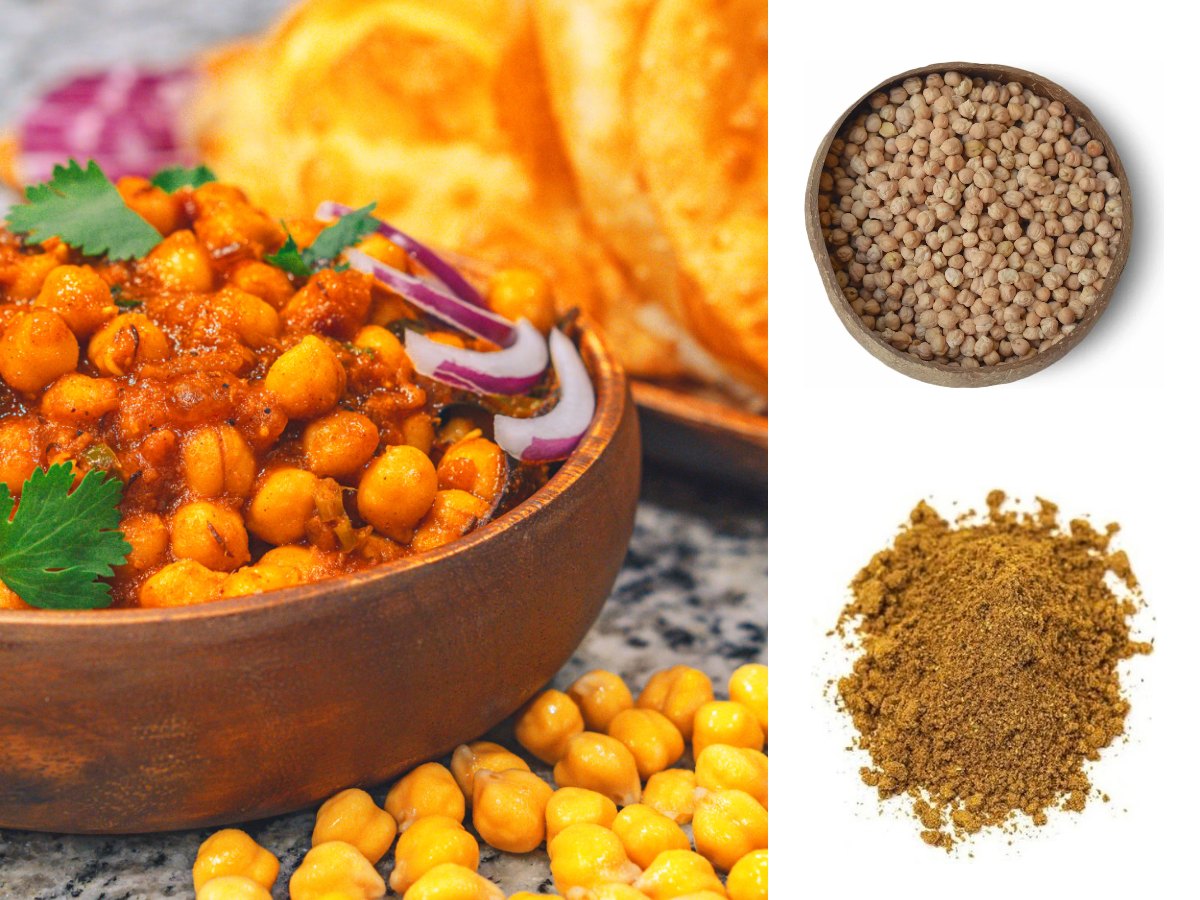 A wooden bowl of chana masala topped with red onion and coriander, with Sara chickpeas (kabuli chana) and garam masala
