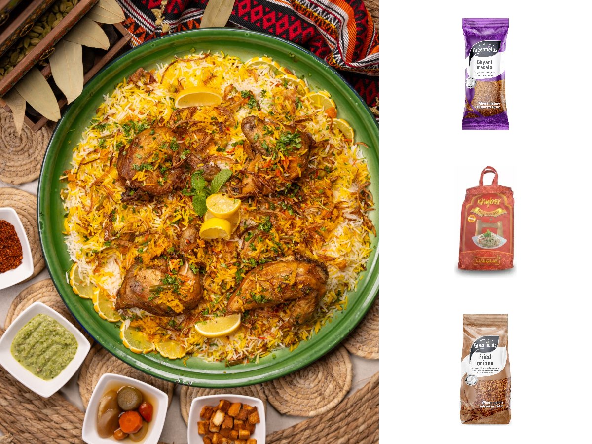 Chicken biryani on a green platter, with Greenfields Biryani Masala, Khyber sella basmati rice and Greenfields Crispy Fried Onions