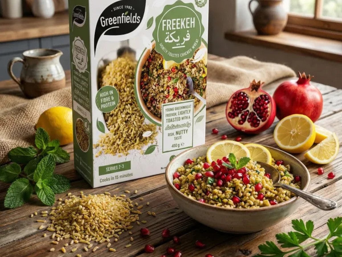 Freekeh salad with pomegranate seeds and lemon, next to a box of Greenfields freekeh