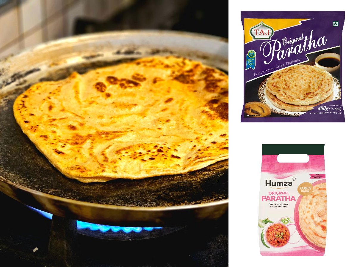 A paratha cooking in a frying pan, with packs of Taj Original Paratha and Humza Original Paratha
