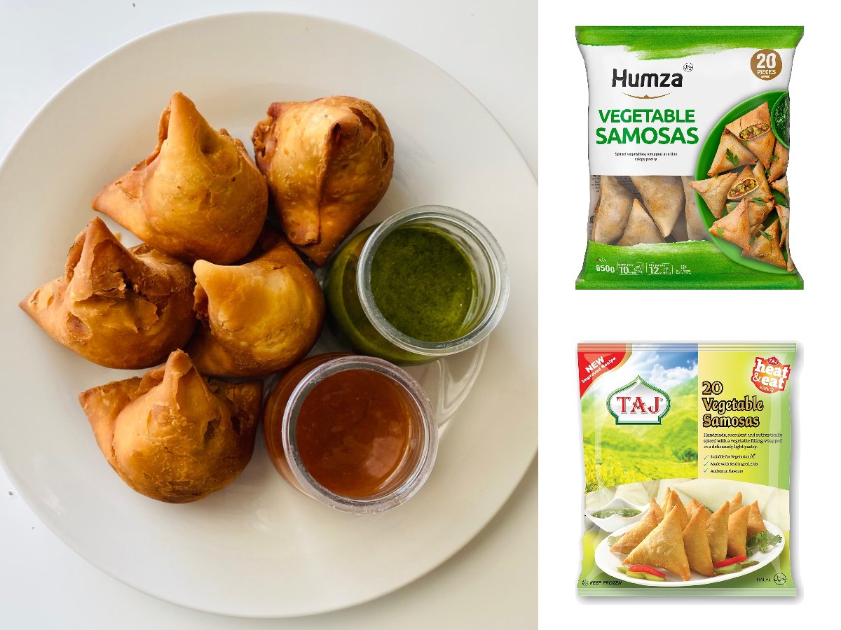 Golden samosas with green and tamarind chutneys, with packs of Humza and Taj vegetable samosas