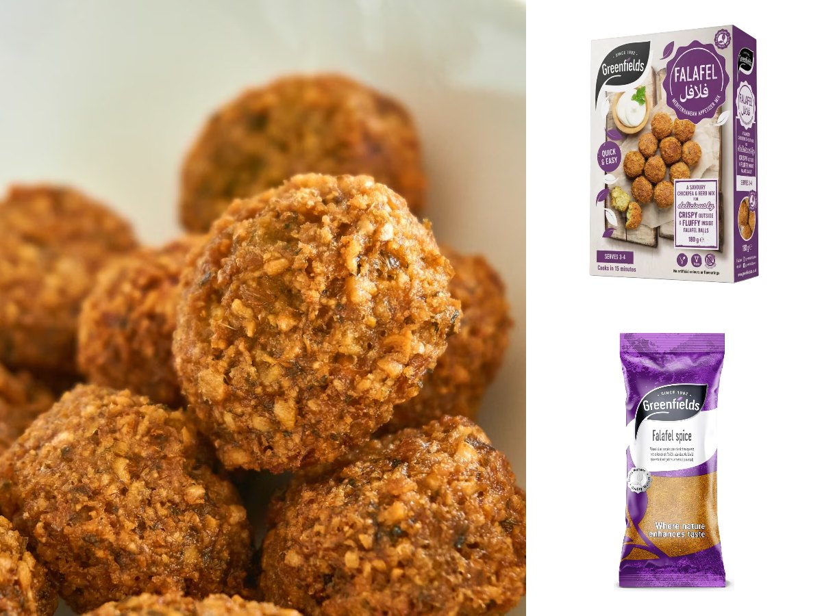 Golden falafel in a bowl, with packs of Greenfields Falafel Mix and Greenfields Falafel Spice