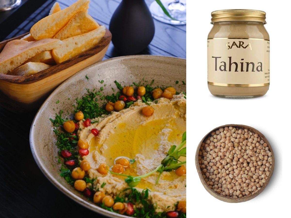 A bowl of hummus with olive oil, chickpeas and parsley, with a jar of Sara tahini and dried chickpeas