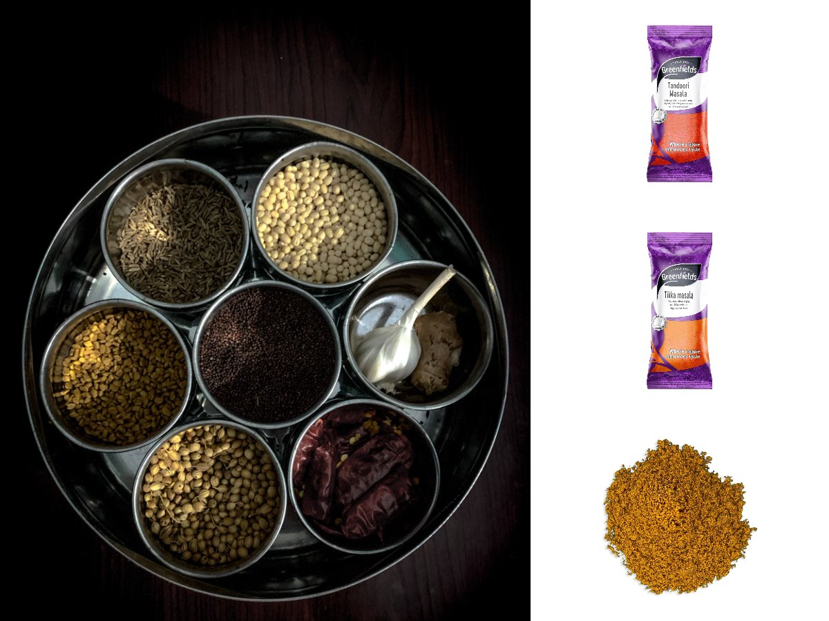 A round steel Indian spice box of whole and ground spices, with Greenfields Tandoori Masala, Greenfields Tikka Masala and hot curry powder