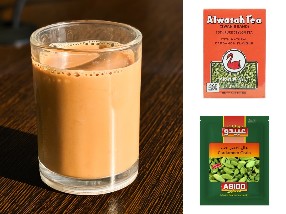 A tall glass of creamy milky tea, with Alwazah Cardamom Tea and Abido green cardamom pods