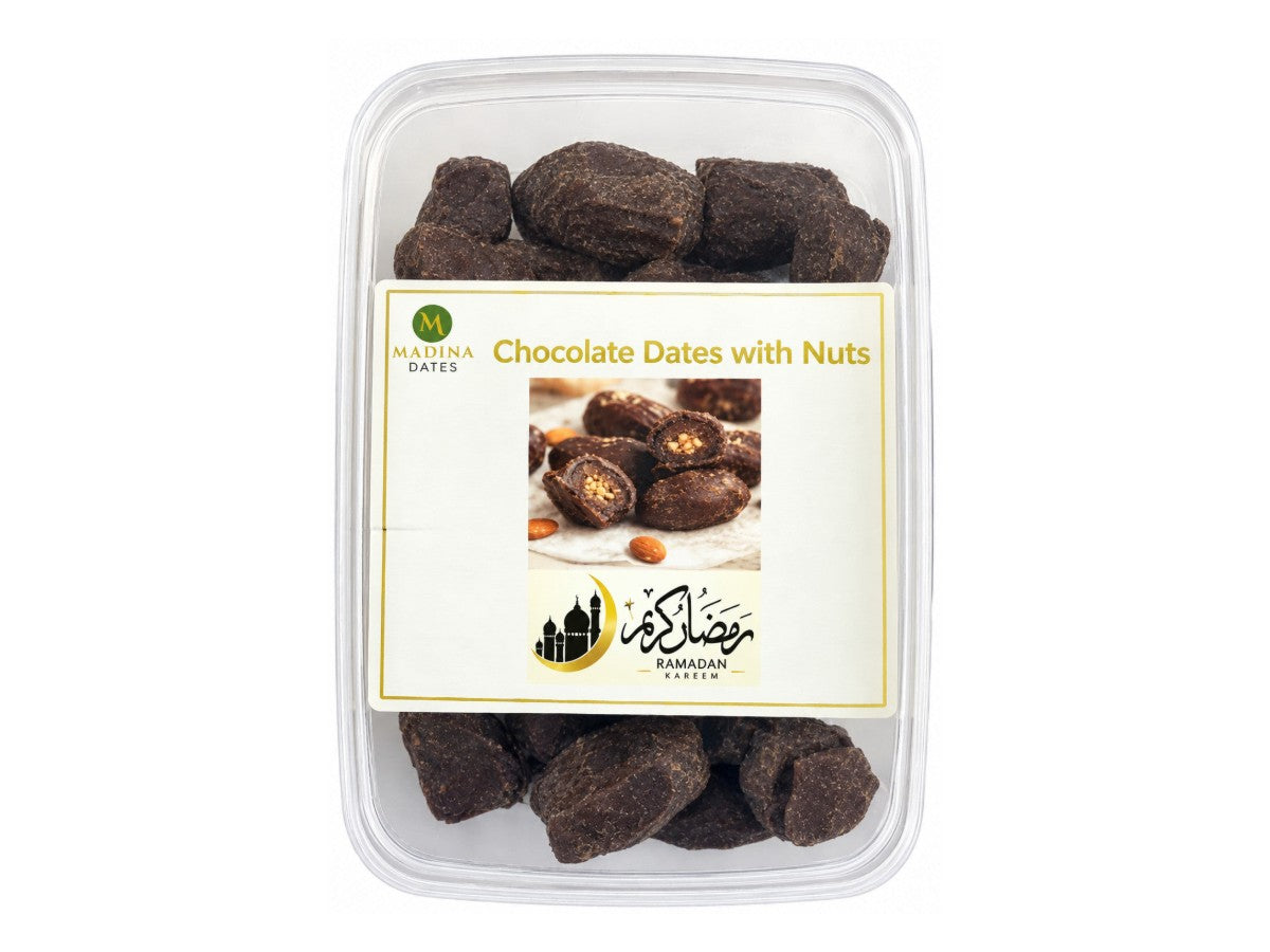 Madina chocolate dates with nuts in a clear tub