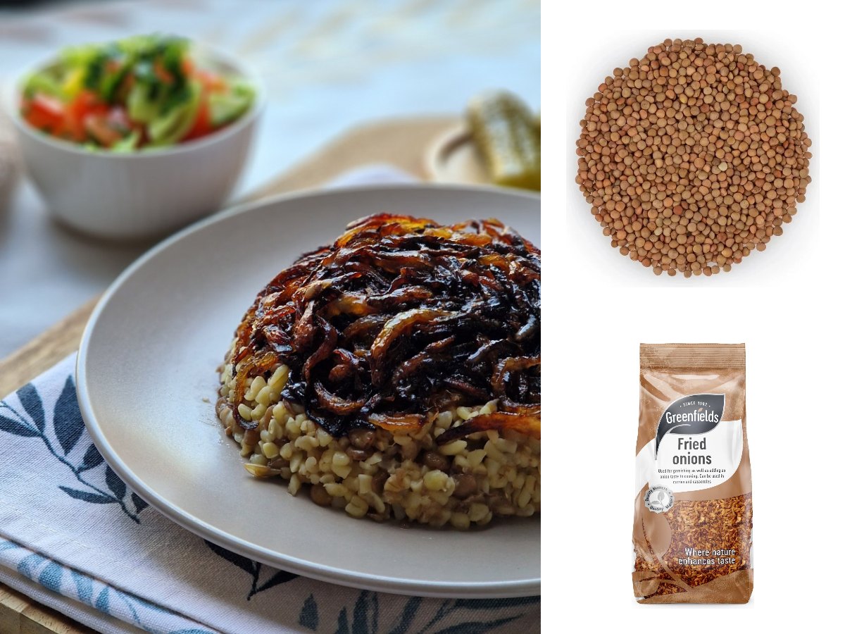 Lentils and grains topped with deeply browned crispy onions, with brown lentils and Greenfields Crispy Fried Onions