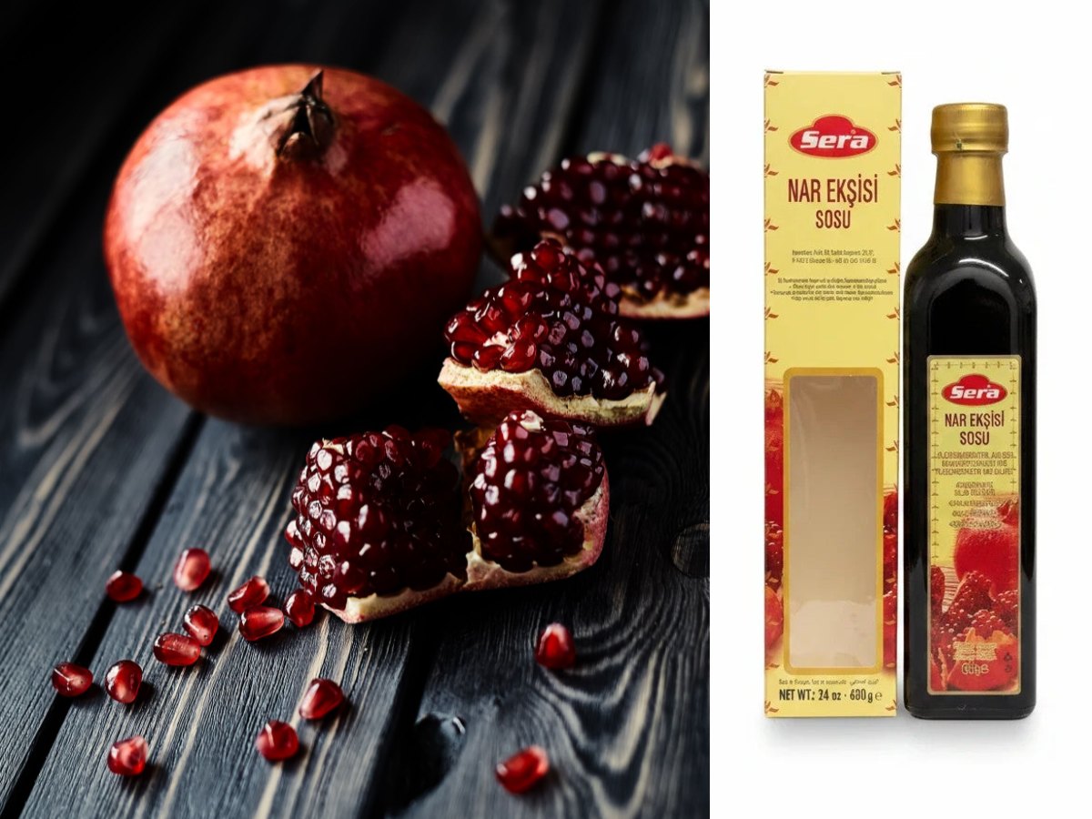 Fresh pomegranates beside a bottle and box of Sera pomegranate molasses (nar ekşisi)