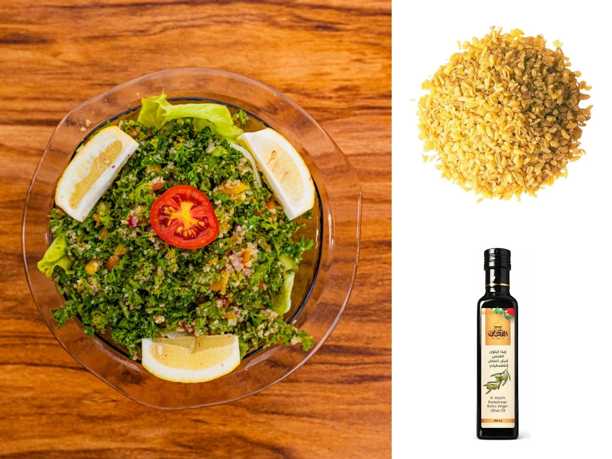 A glass bowl of parsley tabbouleh with lemon wedges and tomato, with Sara medium bulgur wheat and Al-Quds Palestinian olive oil