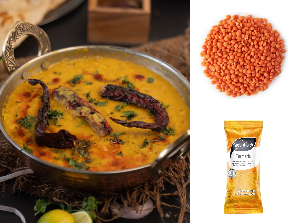A pan of tarka dal topped with fried dried red chillies and coriander, with Sara red split lentils and Greenfields turmeric powder