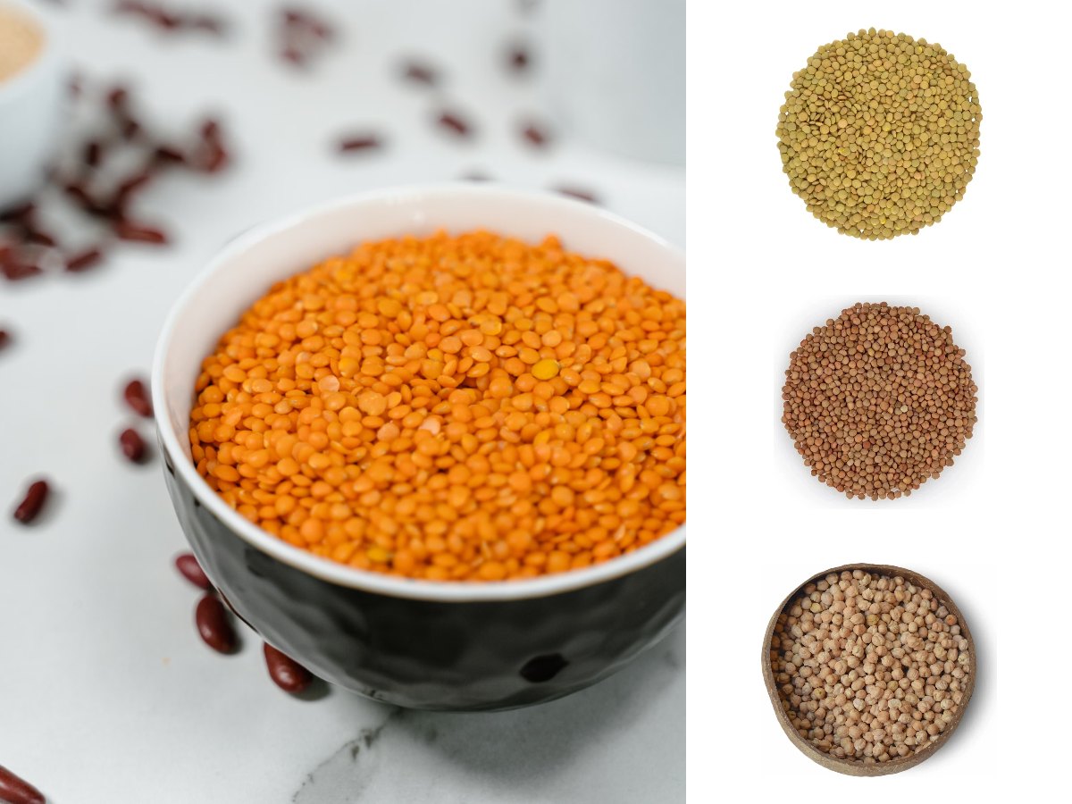 Red lentils and red kidney beans, with green lentils, brown lentils and chickpeas