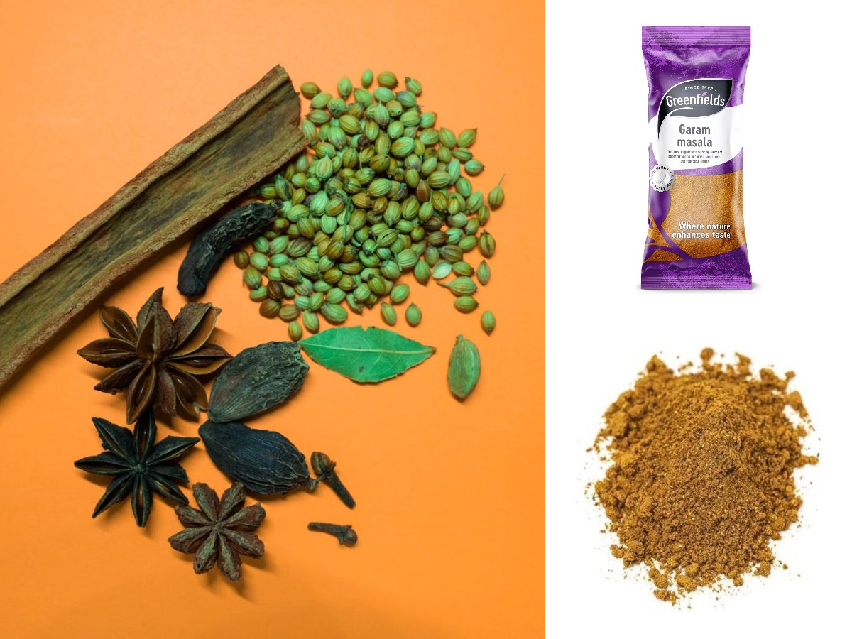 Whole spices including a cinnamon stick, star anise, cardamom, coriander seeds and a bay leaf, with Greenfields Garam Masala and ground garam masala