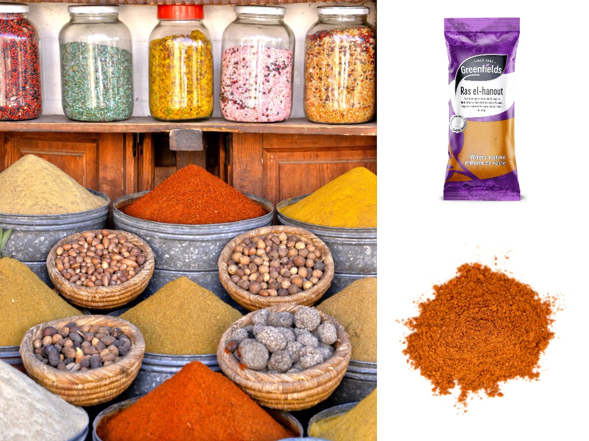 A market display of ground and whole spices in bowls and baskets, with Greenfields Ras El Hanout and ground ras el hanout