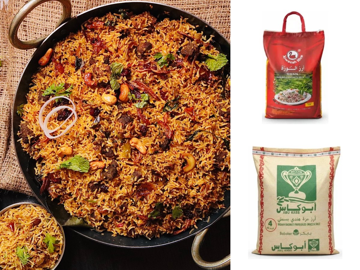 A pan of biryani, with bags of Alwazah Swan 1121 sella and Abu Kass sella basmati rice