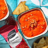 Greenfields Aleppo chilli pack with a red pepper dip and crackers