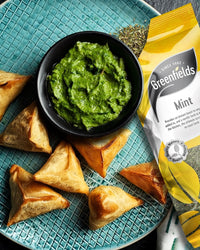 Greenfields dried mint pack with mint chutney and samosas