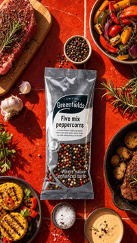 Greenfields five mixed peppercorns pack with grilled steak and vegetables