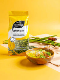 Greenfields dried lemongrass pack with fresh lemongrass stalks and a bowl of soup
