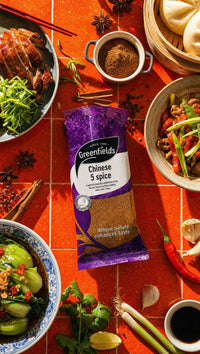 Greenfields Chinese 5 spice pack with stir-fry dishes on an orange background