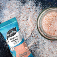 Greenfields fine Himalayan pink salt pack with a jar of pink salt