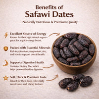 Safawi dates in a wooden bowl with notes on their nutritional qualities