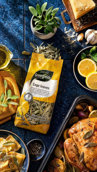 Greenfields dried sage leaves pack with roast chicken and lemons