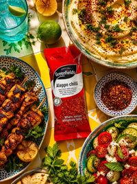 Greenfields Aleppo chilli pack with chicken skewers, hummus and salad