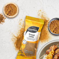 Greenfields ground cumin pack with bowls of ground cumin