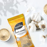 Greenfields garlic powder pack with garlic bulbs