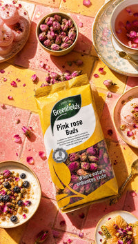 Greenfields pink rose buds pack with rose tea and desserts