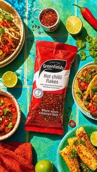 Greenfields hot chilli flakes pack with spicy dishes and fresh chillies