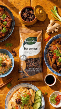 Greenfields star anise pack with Asian dishes and ginger