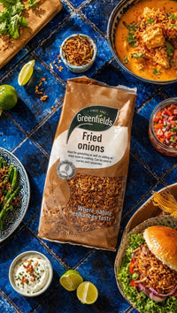 Greenfields crispy fried onions pack with curries and a burger
