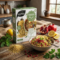 Greenfields freekeh box with a bowl of freekeh salad and pomegranate
