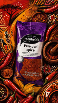 Greenfields peri-peri spice pack with red chillies on a patterned background