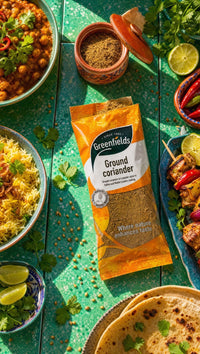 Greenfields ground coriander pack with rice, curries and flatbread