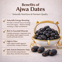 Ajwa dates in a gold bowl with notes on their nutritional qualities