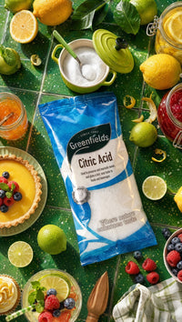 Greenfields citric acid pack among fruit, drinks and jars