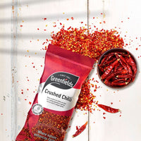 Greenfields crushed chillies pack with dried red chillies and chilli flakes