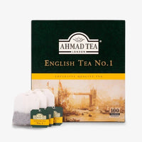 Ahmad Tea English Tea No.1 box of 100 tea bags with foil-wrapped bags in front