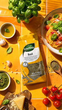 Greenfields dried basil pack with pasta, tomatoes and fresh basil
