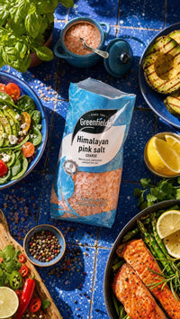 Greenfields coarse Himalayan pink salt pack with salads and grilled fish