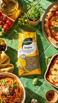 Greenfields dried oregano pack with pizza, pasta and tomatoes