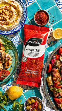 Greenfields Aleppo chilli flakes pack with hummus, grilled chicken and mezze dishes