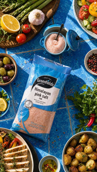 Greenfields fine Himalayan pink salt pack with olives, salads and grilled vegetables