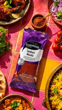 Greenfields tandoori masala pack with curries, rice and naan