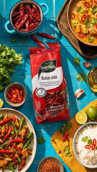 Greenfields bullet chilli pack with dried red chillies and curries