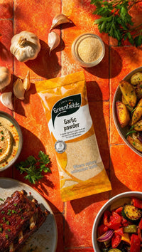 Greenfields garlic powder pack with grilled meats and vegetables