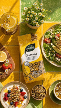 Greenfields dried chamomile pack with herbal tea, salads and fruit